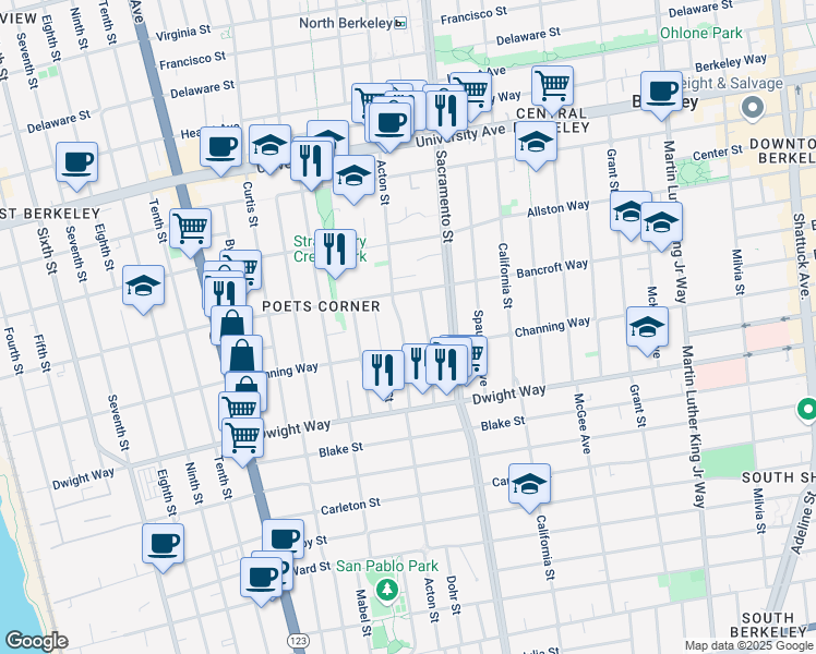 map of restaurants, bars, coffee shops, grocery stores, and more near 2331 Acton Street in Berkeley