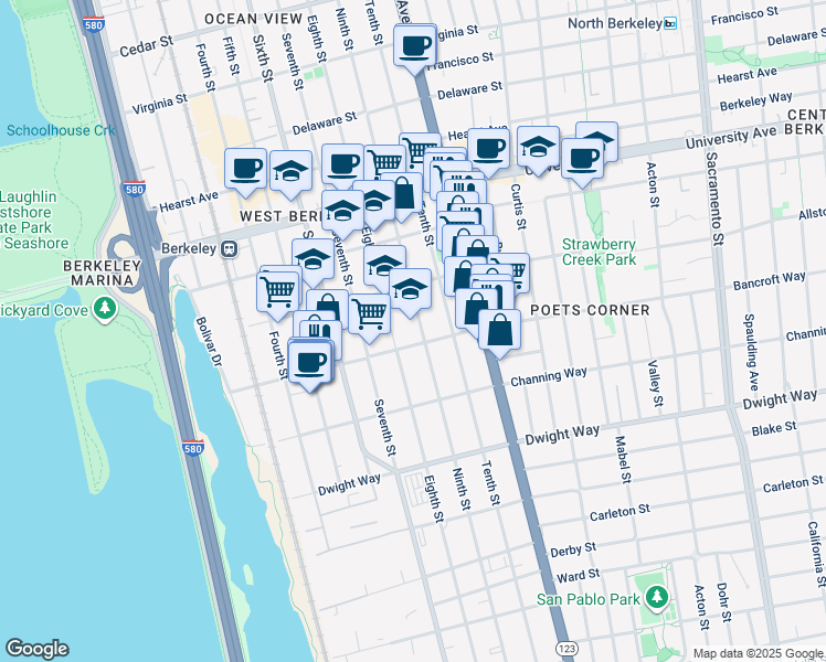 map of restaurants, bars, coffee shops, grocery stores, and more near 2240 Ninth Street in Berkeley