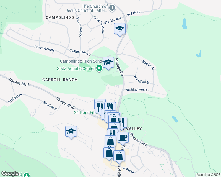 map of restaurants, bars, coffee shops, grocery stores, and more near 30 Hansen Court in Moraga
