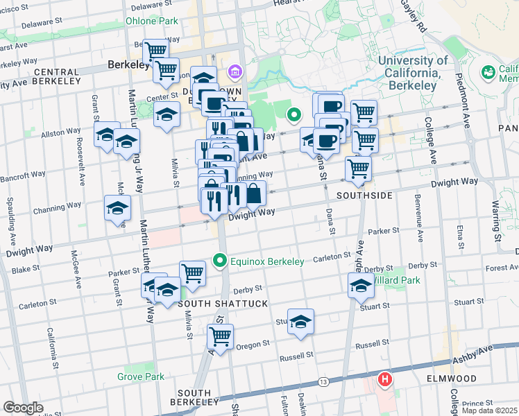 map of restaurants, bars, coffee shops, grocery stores, and more near 2201 Dwight Way in Berkeley