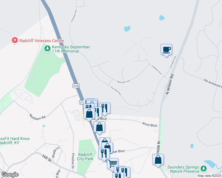 map of restaurants, bars, coffee shops, grocery stores, and more near 8102 Estrada Avenue in Fort Knox
