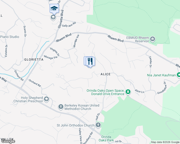 map of restaurants, bars, coffee shops, grocery stores, and more near 2 Duncan Court in Orinda