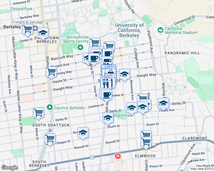 map of restaurants, bars, coffee shops, grocery stores, and more near 2540 Telegraph Avenue in Berkeley