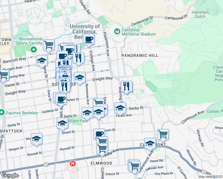 map of restaurants, bars, coffee shops, grocery stores, and more near 2532 Piedmont Avenue in Berkeley