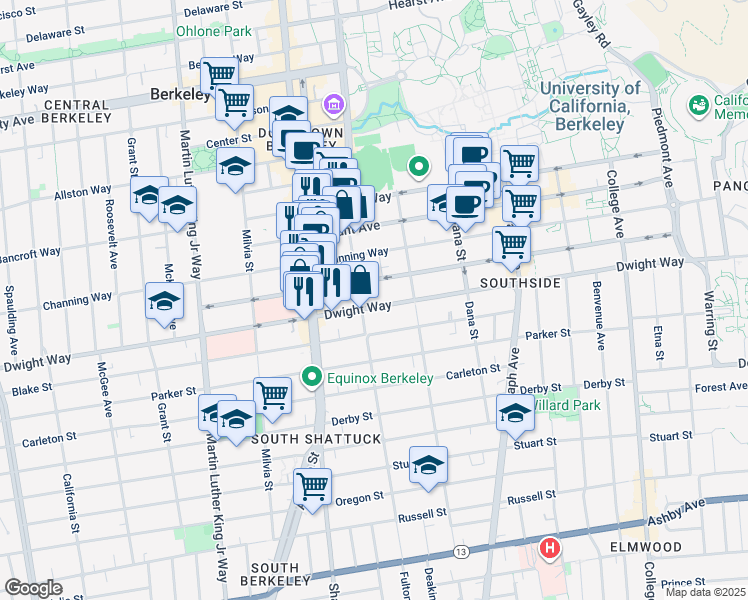 map of restaurants, bars, coffee shops, grocery stores, and more near 2209 Dwight Way in Berkeley