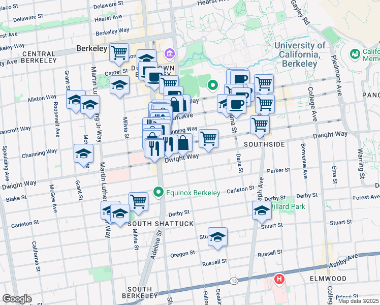 map of restaurants, bars, coffee shops, grocery stores, and more near 2209 Dwight Way in Berkeley