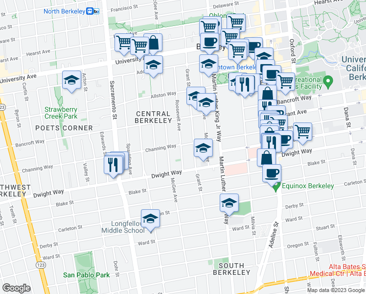 map of restaurants, bars, coffee shops, grocery stores, and more near 1728 Channing Way in Berkeley
