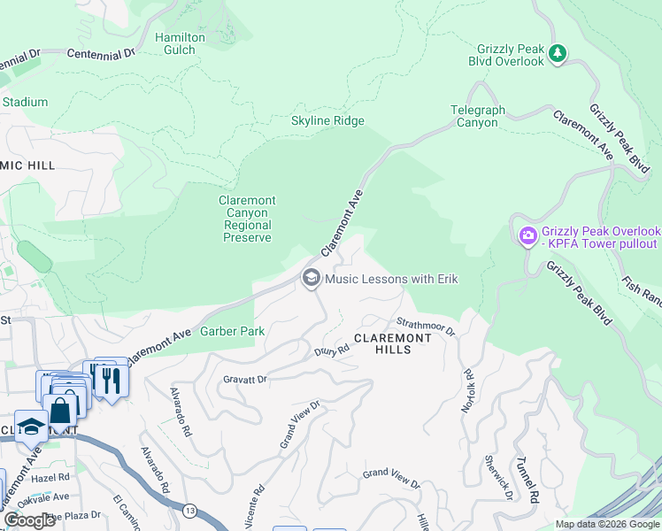 map of restaurants, bars, coffee shops, grocery stores, and more near 1375 Alvarado Road in Berkeley