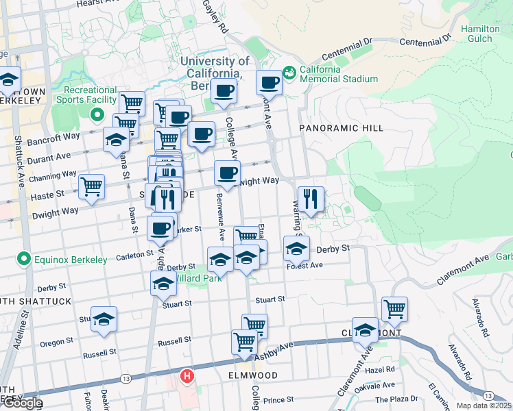 map of restaurants, bars, coffee shops, grocery stores, and more near 2532 Etna Street in Berkeley