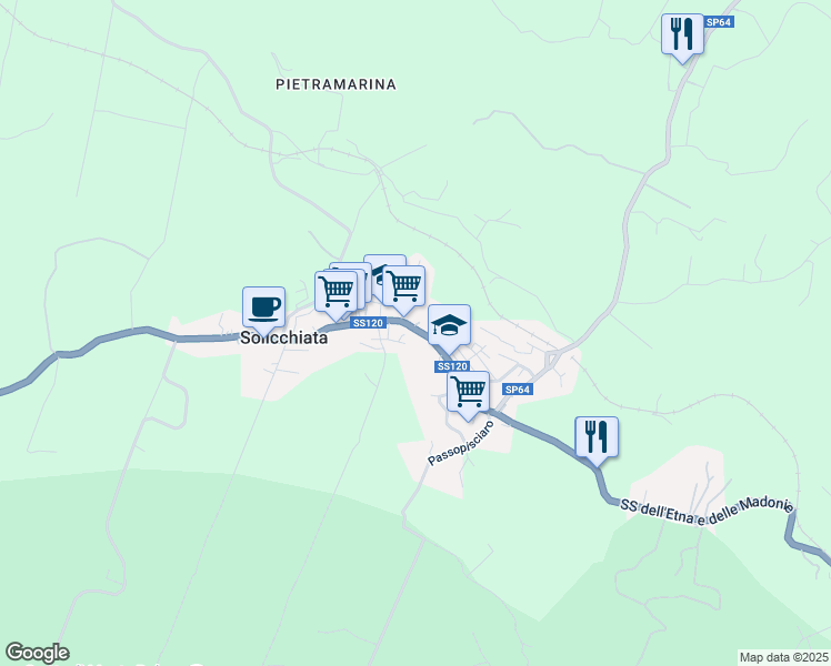 map of restaurants, bars, coffee shops, grocery stores, and more near 75 Via Nazionale Solicchiata in Solicchiata