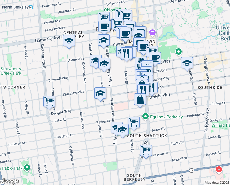 map of restaurants, bars, coffee shops, grocery stores, and more near 1927 Haste Street in Berkeley