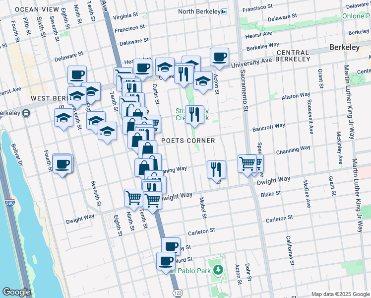 map of restaurants, bars, coffee shops, grocery stores, and more near 2311 Browning Street in Berkeley