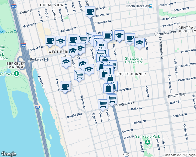 map of restaurants, bars, coffee shops, grocery stores, and more near 2246 Tenth Street in Berkeley