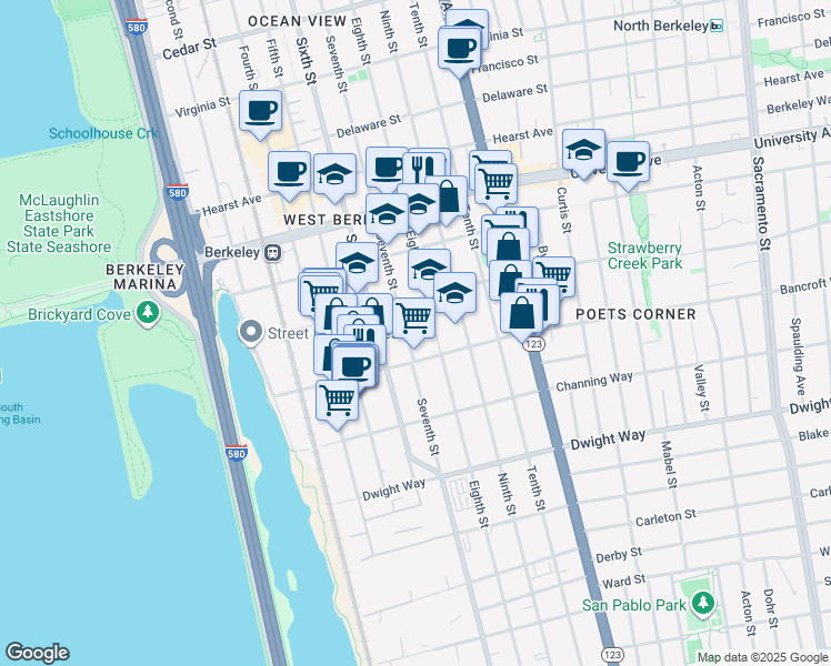 map of restaurants, bars, coffee shops, grocery stores, and more near 2231 Seventh Street in Berkeley