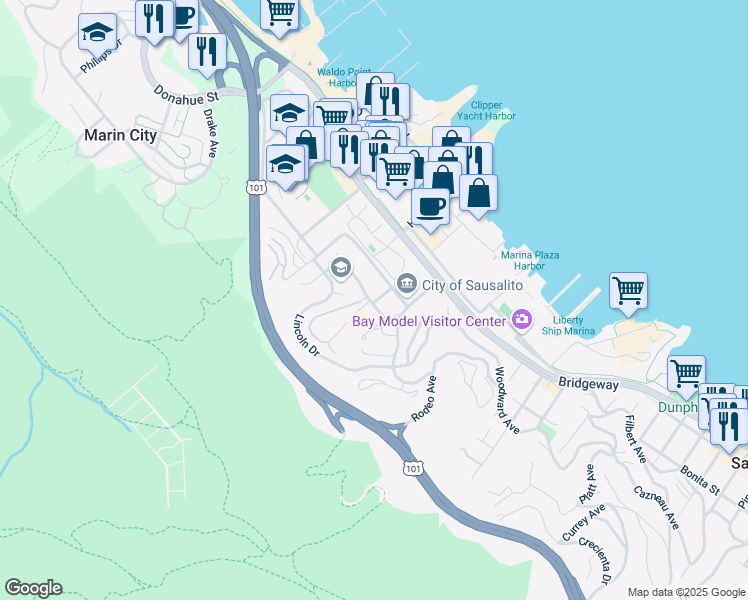 map of restaurants, bars, coffee shops, grocery stores, and more near 618 Wateree Street in Sausalito
