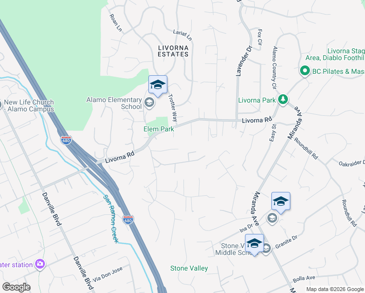 map of restaurants, bars, coffee shops, grocery stores, and more near 77 Pleasant Knoll Court in Alamo