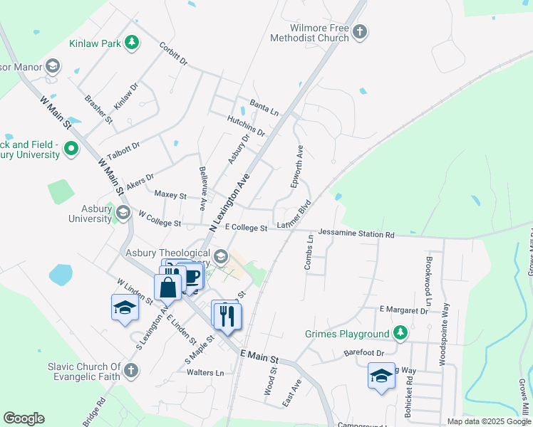 map of restaurants, bars, coffee shops, grocery stores, and more near 210 East Morrison Street in Wilmore