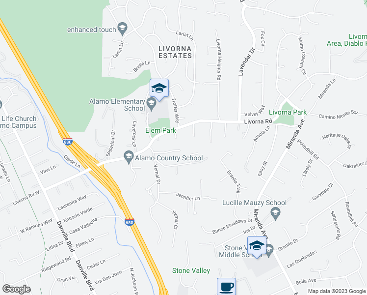 map of restaurants, bars, coffee shops, grocery stores, and more near 77 Pleasant Knoll Court in Alamo