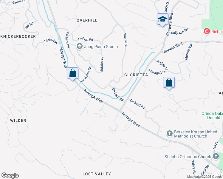 map of restaurants, bars, coffee shops, grocery stores, and more near 110 Orchard Road in Orinda