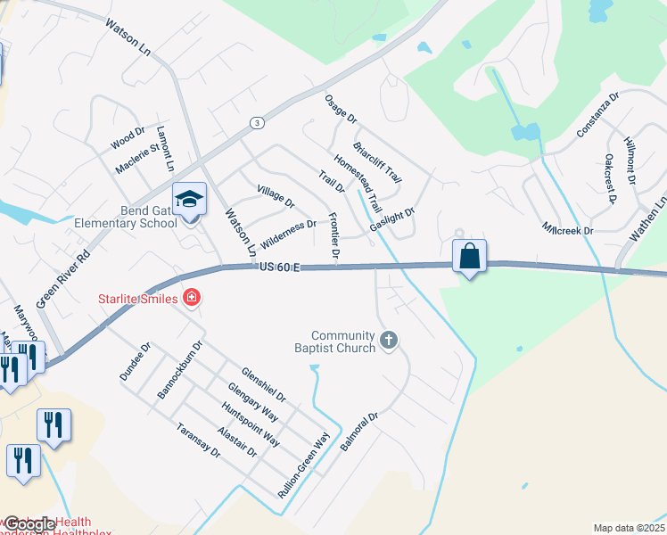 map of restaurants, bars, coffee shops, grocery stores, and more near 2550 U.S. 60 in Henderson