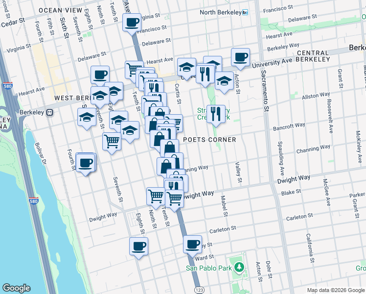 map of restaurants, bars, coffee shops, grocery stores, and more near 1138 Bancroft Way in Berkeley