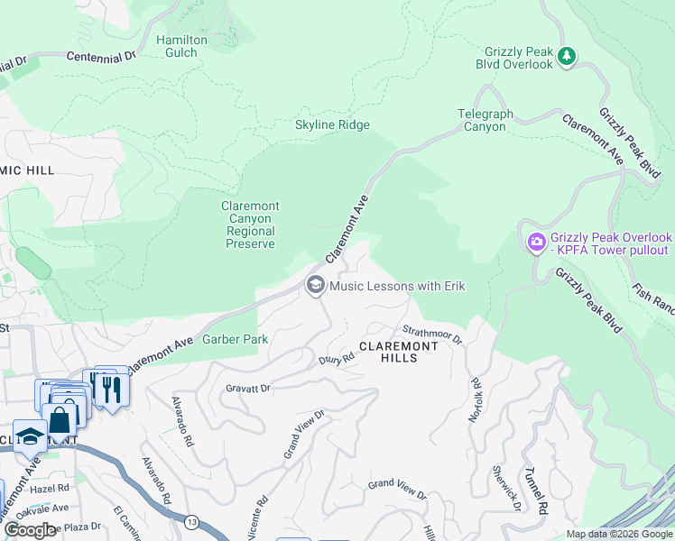 map of restaurants, bars, coffee shops, grocery stores, and more near 1383 Alvarado Road in Berkeley