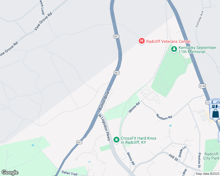 map of restaurants, bars, coffee shops, grocery stores, and more near Veterans Memorial Highway in Radcliff