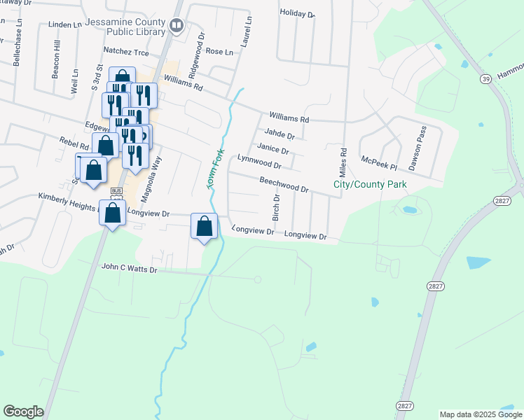 map of restaurants, bars, coffee shops, grocery stores, and more near 114 Woodlawn Court in Nicholasville