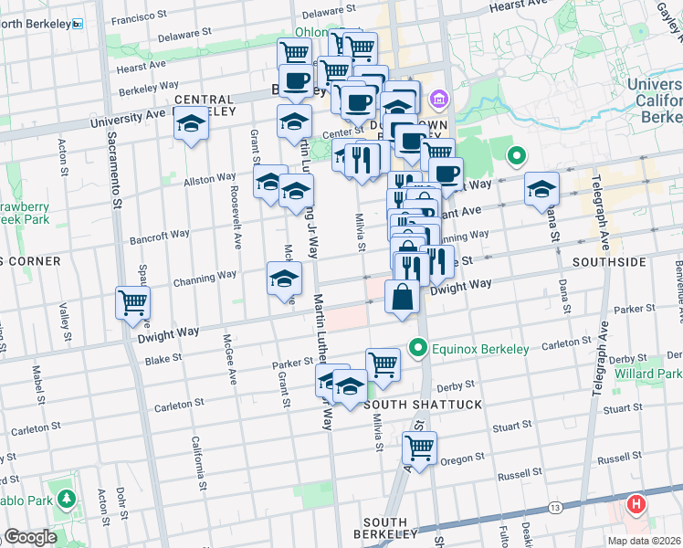 map of restaurants, bars, coffee shops, grocery stores, and more near 1927 Haste Street in Berkeley