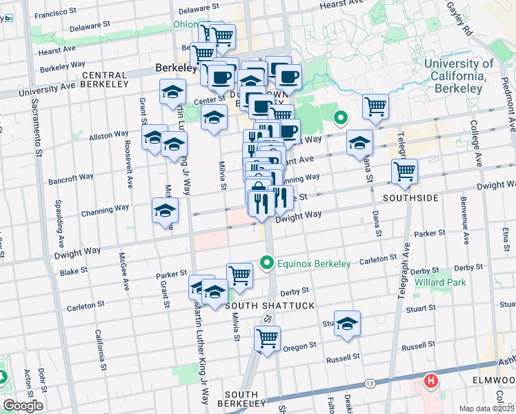 map of restaurants, bars, coffee shops, grocery stores, and more near 2430 Shattuck Avenue in Berkeley