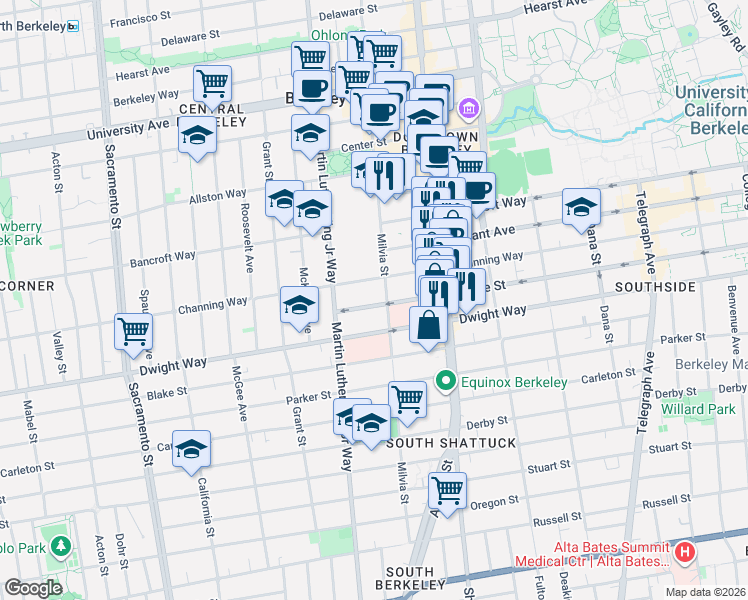 map of restaurants, bars, coffee shops, grocery stores, and more near 1937 Haste Street in Berkeley