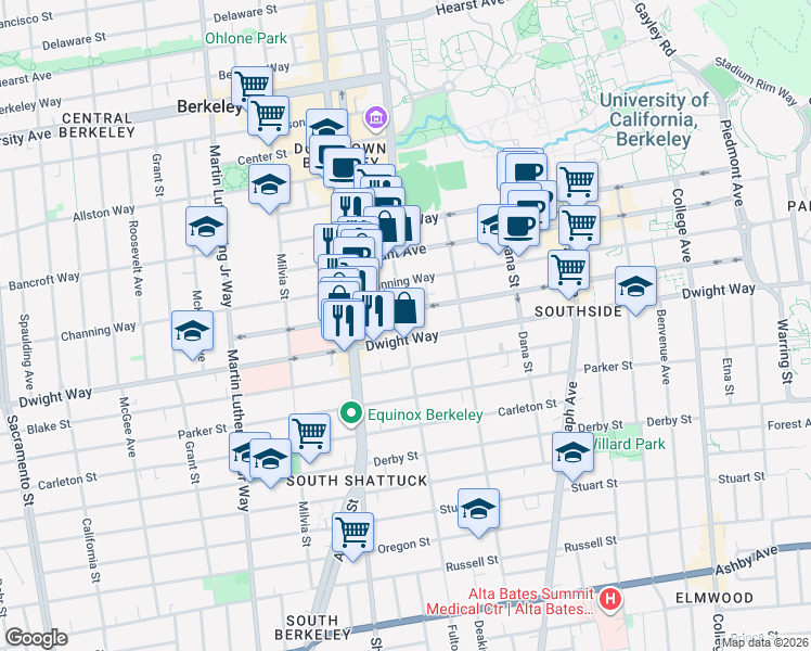 map of restaurants, bars, coffee shops, grocery stores, and more near 2201 Dwight Way in Berkeley