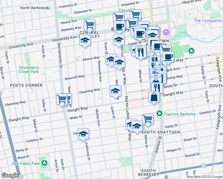 map of restaurants, bars, coffee shops, grocery stores, and more near 2411 Grant Street in Berkeley