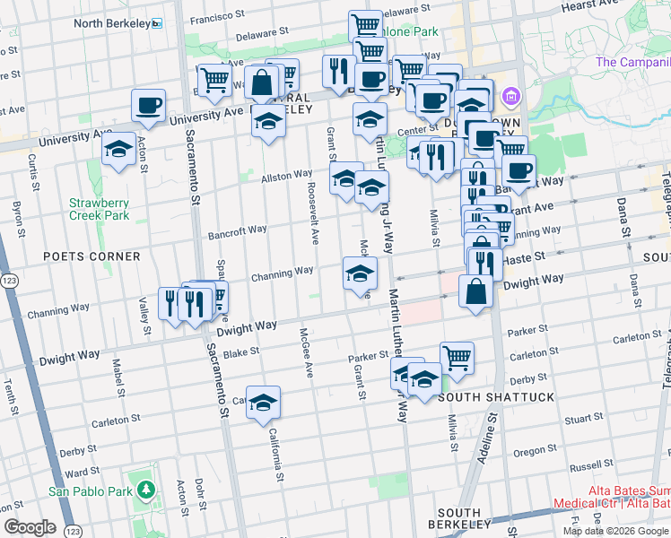 map of restaurants, bars, coffee shops, grocery stores, and more near 1728 Channing Way in Berkeley