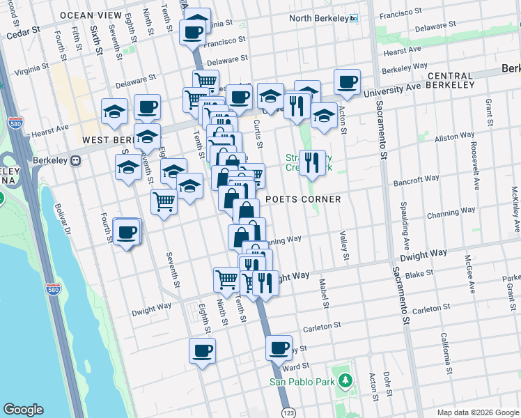 map of restaurants, bars, coffee shops, grocery stores, and more near 1138 Bancroft Way in Berkeley