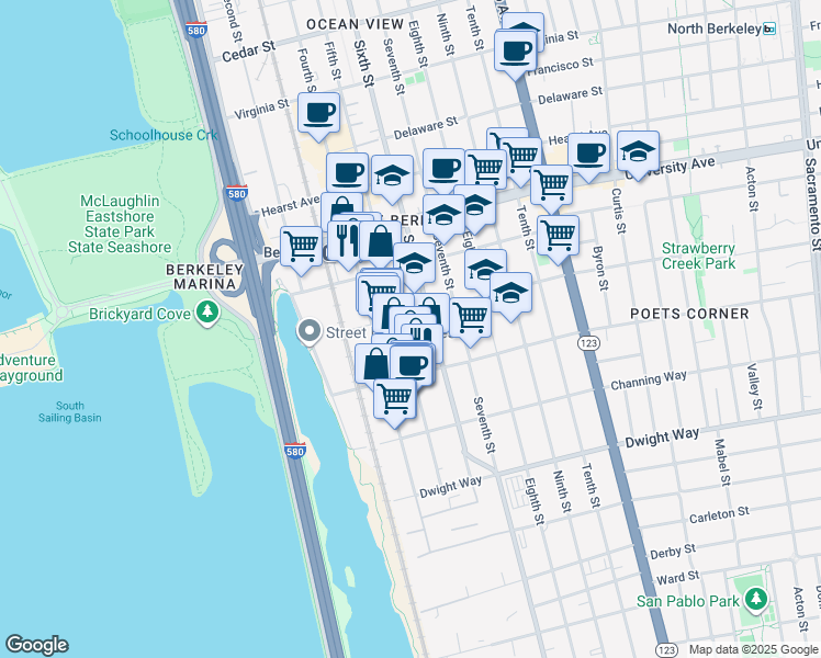map of restaurants, bars, coffee shops, grocery stores, and more near 2212 Fifth Street in Berkeley