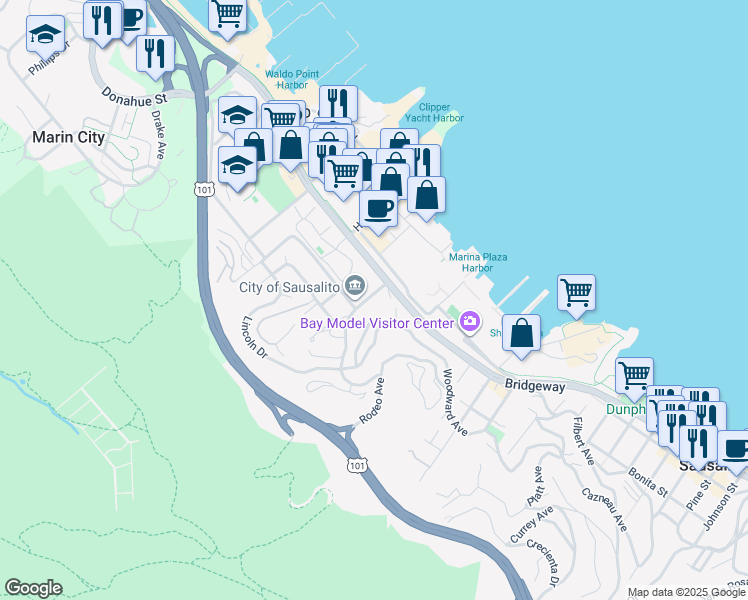 map of restaurants, bars, coffee shops, grocery stores, and more near in Sausalito