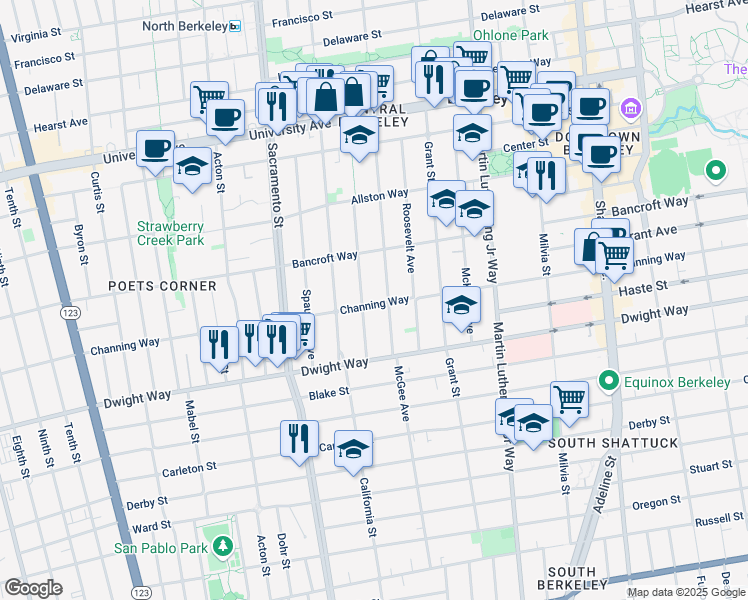 map of restaurants, bars, coffee shops, grocery stores, and more near 1635 Channing Way in Berkeley