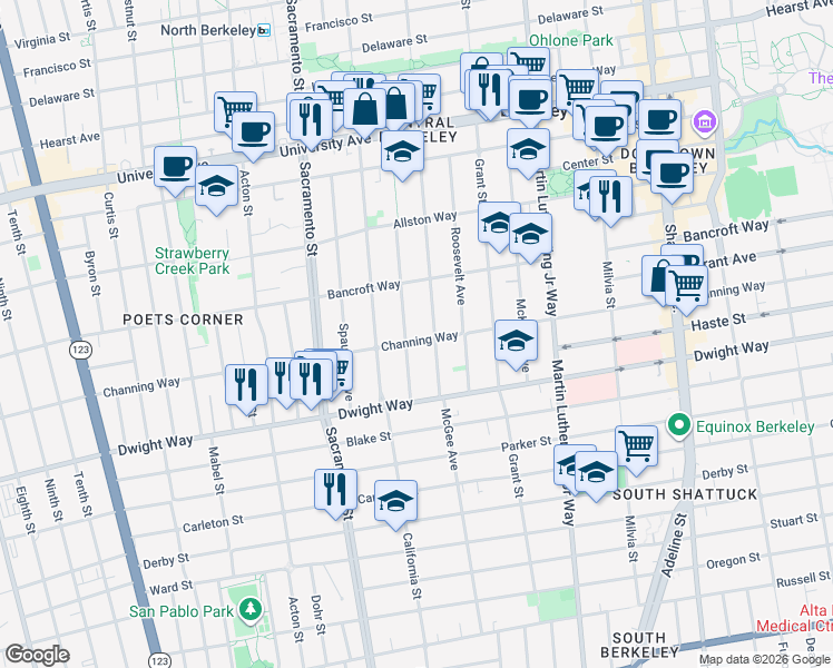 map of restaurants, bars, coffee shops, grocery stores, and more near 2400 McGee Avenue in Berkeley