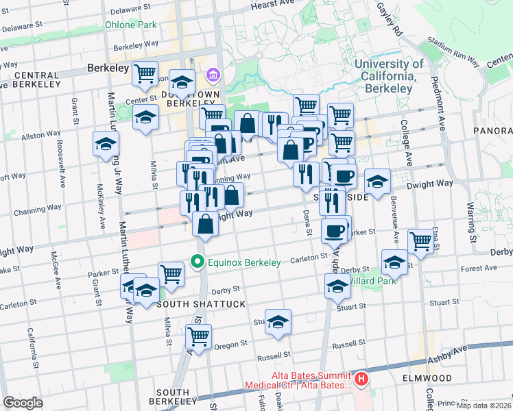 map of restaurants, bars, coffee shops, grocery stores, and more near 2233 Dwight Way in Berkeley