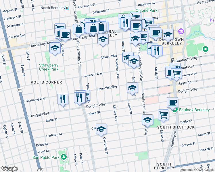 map of restaurants, bars, coffee shops, grocery stores, and more near 1635 Channing Way in Berkeley