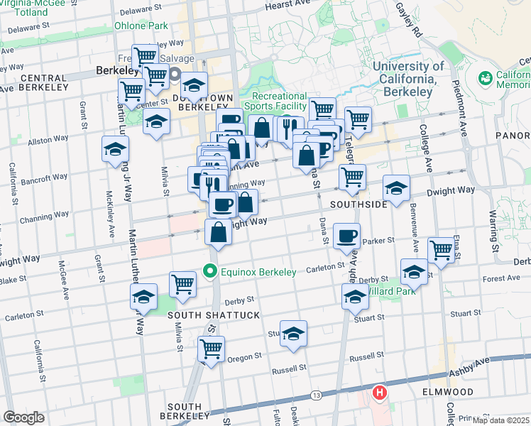 map of restaurants, bars, coffee shops, grocery stores, and more near 2233 Dwight Way in Berkeley