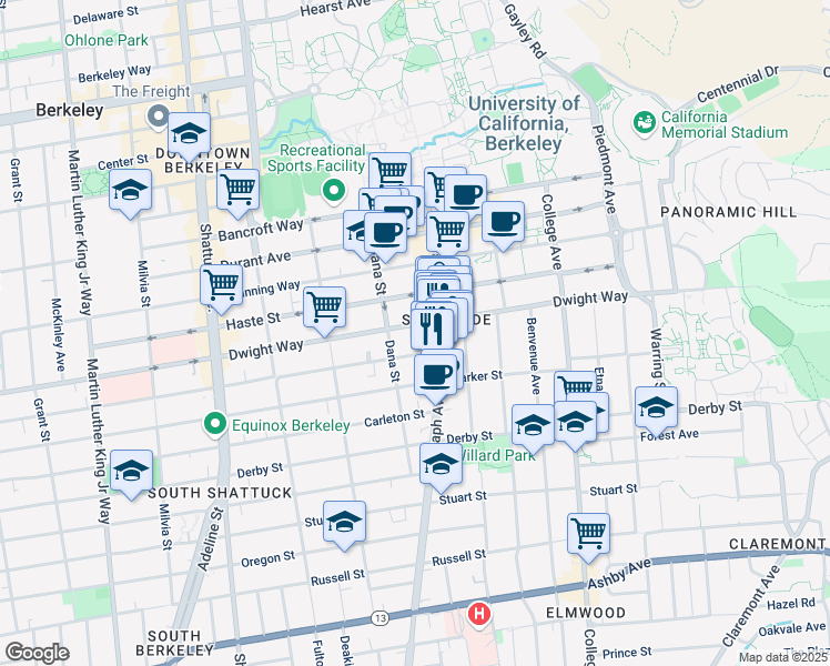 map of restaurants, bars, coffee shops, grocery stores, and more near 2420 Dwight Way in Berkeley