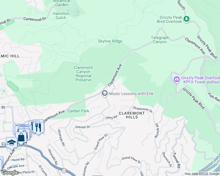 map of restaurants, bars, coffee shops, grocery stores, and more near 1375 Alvarado Road in Berkeley