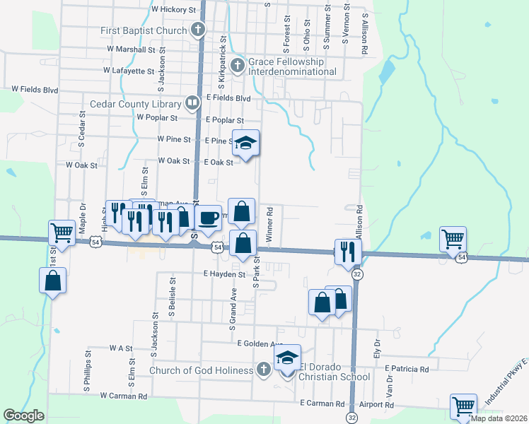 map of restaurants, bars, coffee shops, grocery stores, and more near 300-398 E Twyman Ave in El Dorado Springs