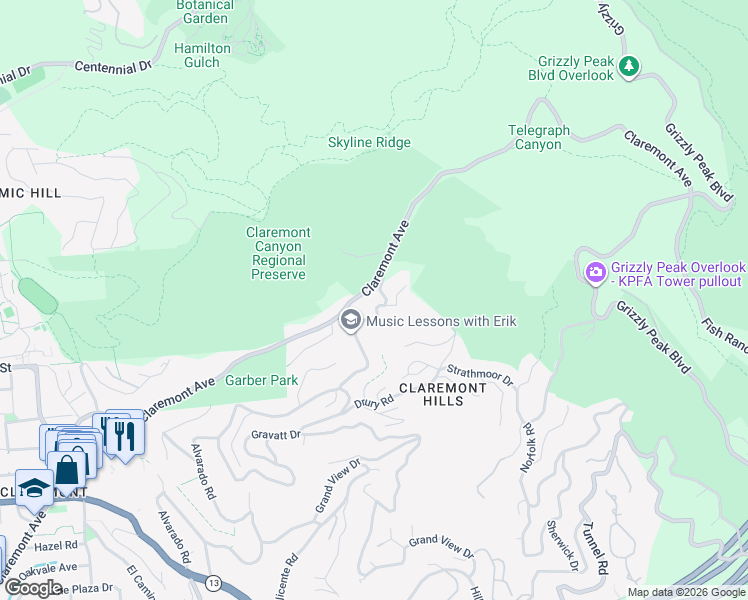 map of restaurants, bars, coffee shops, grocery stores, and more near 1383 Alvarado Road in Berkeley