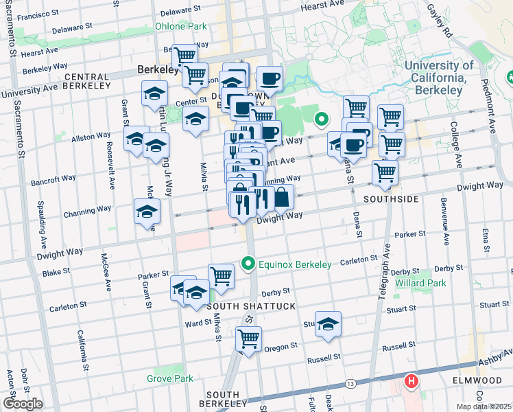 map of restaurants, bars, coffee shops, grocery stores, and more near 2110 Haste Street in Berkeley