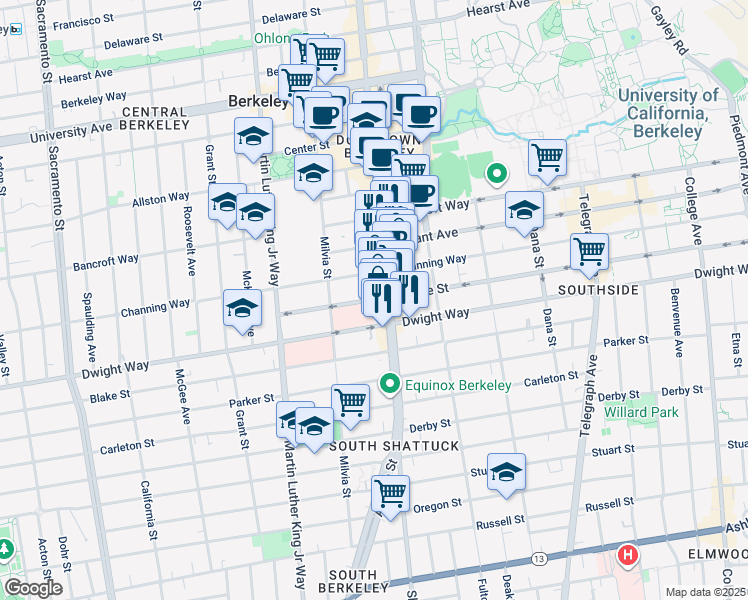map of restaurants, bars, coffee shops, grocery stores, and more near 2430 Shattuck Avenue in Berkeley