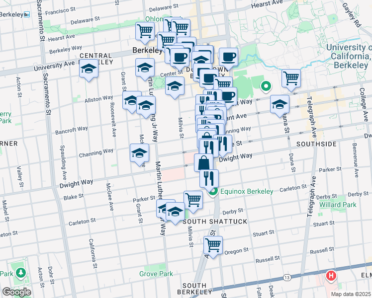 map of restaurants, bars, coffee shops, grocery stores, and more near 2001 Haste Street in Berkeley