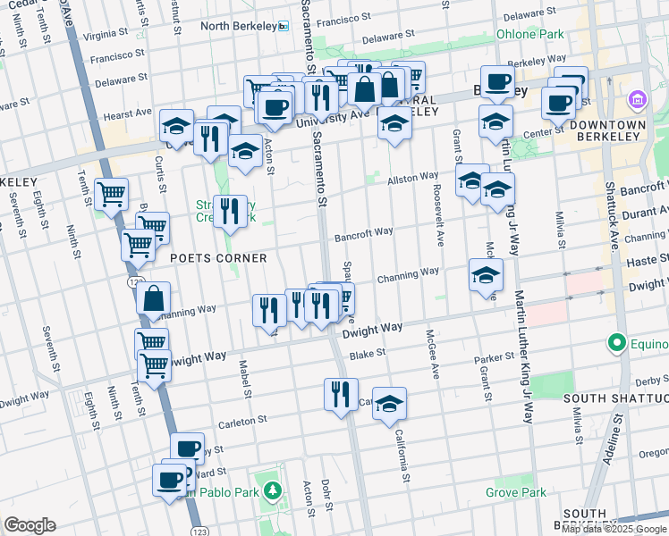 map of restaurants, bars, coffee shops, grocery stores, and more near 2340 Sacramento Street in Berkeley